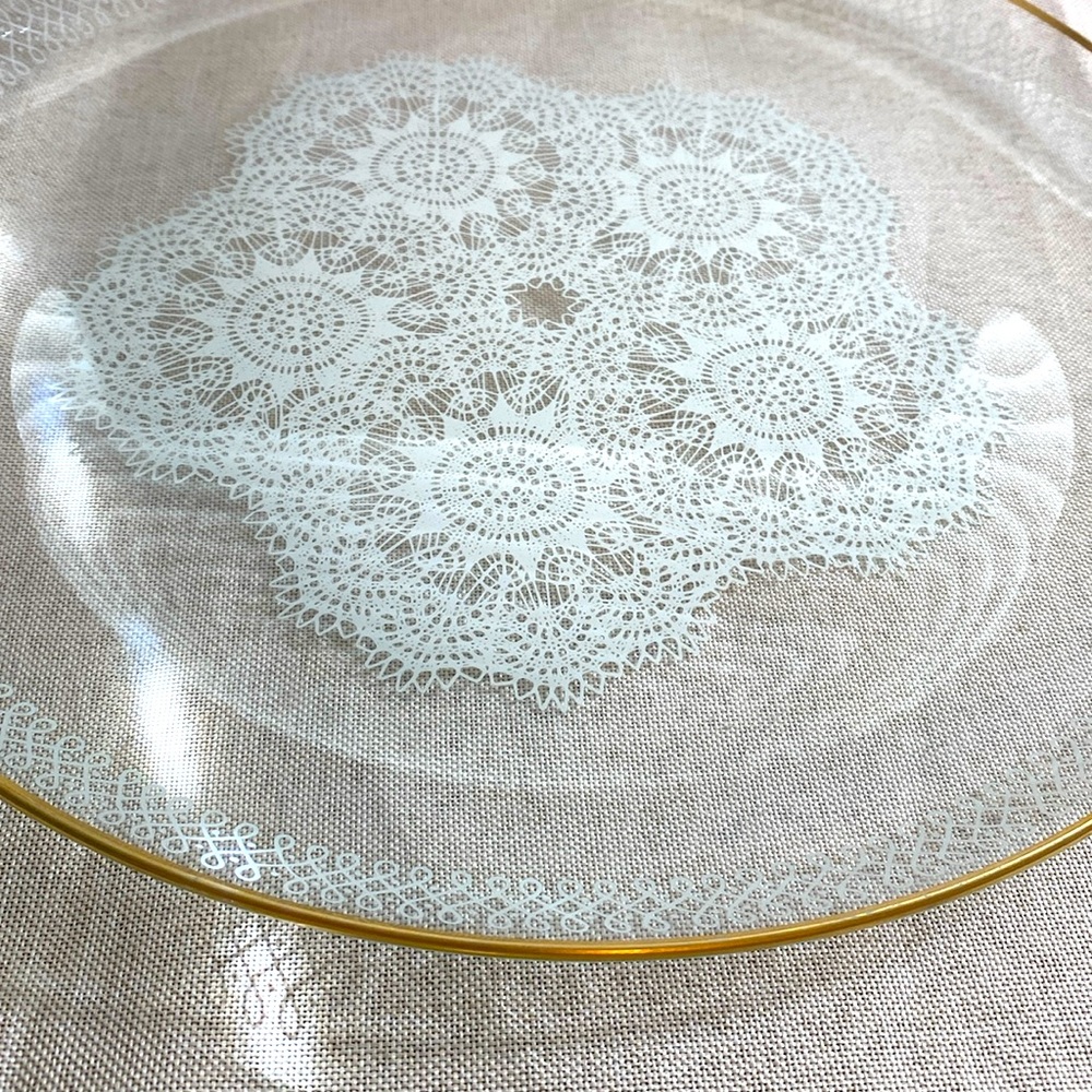 Vintage Shabby Chic White Lace Doily Glass Serving Platter Valentines Day